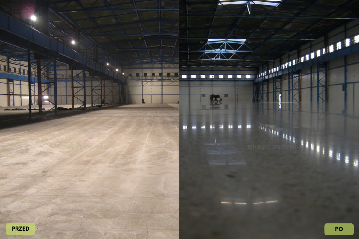 renowacja posadzki betonowej w hali magazynowej przed i po – szlifowanie, polerowanie, utwardzenie i impregnacja