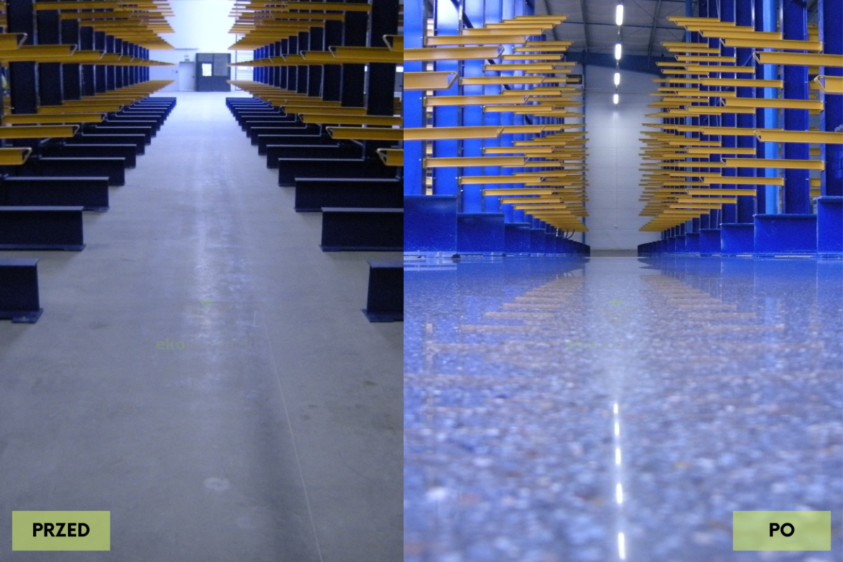 renowacja posadzki betonowej w zakładzie produkcyjnym przed i po – alejki magazynowe i wysokie regały