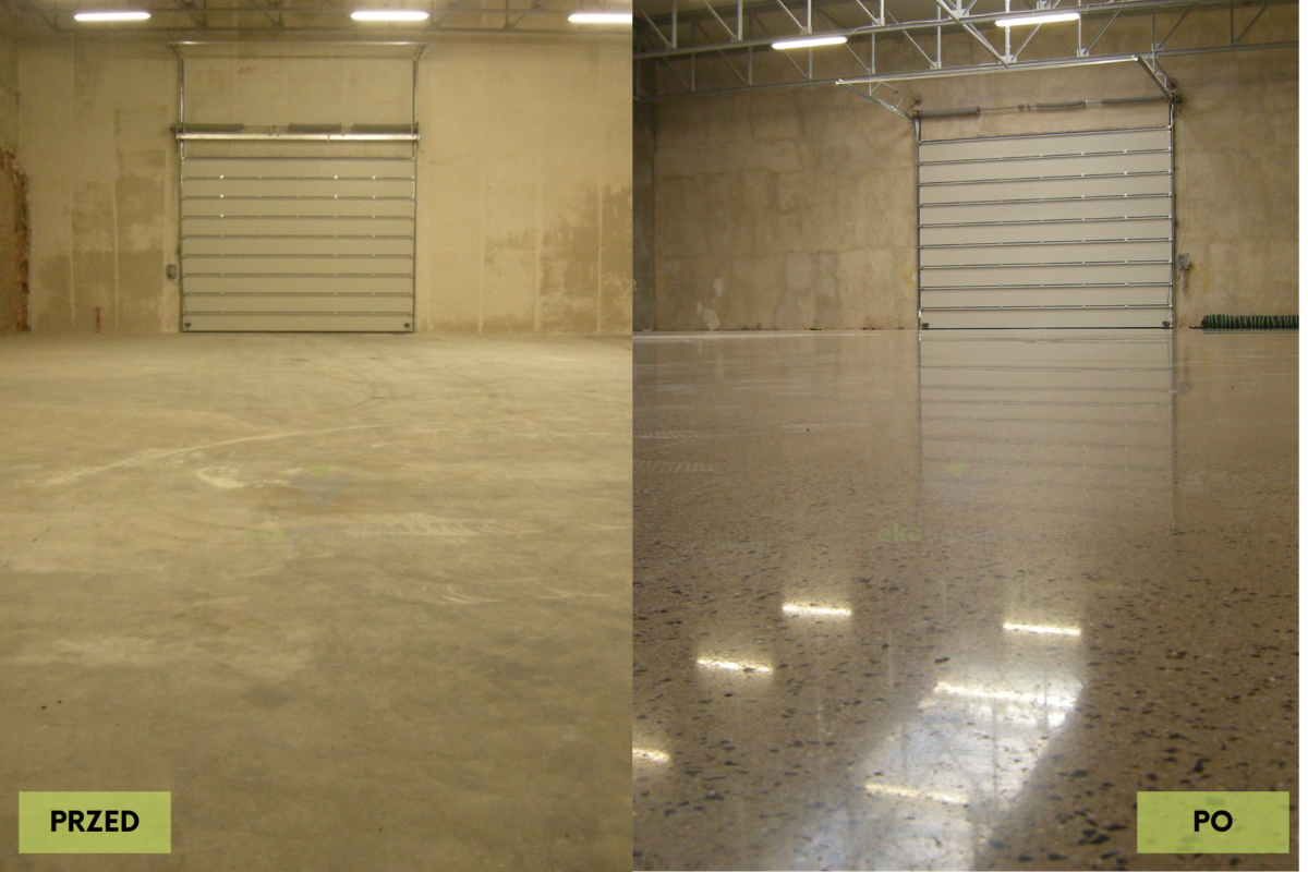 renowacja posadzki betonowej w magazynie rolek papieru przed i po – szlifowanie i utwardzenie betonu
