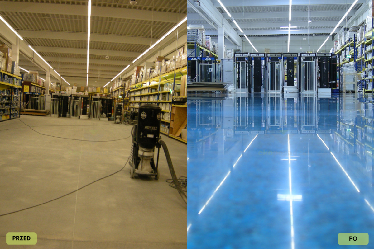 renowacja posadzki betonowej w markecie budowlanym przed i po – szlifowanie, polerowanie i barwienie betonu