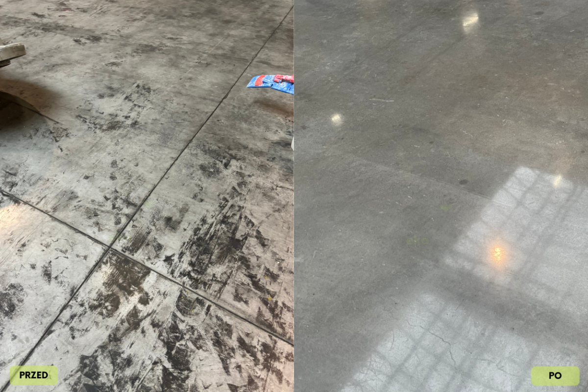 renowacja posadzki betonowej przemysłowej przed i po – eliminacja śladów po wózkach widłowych